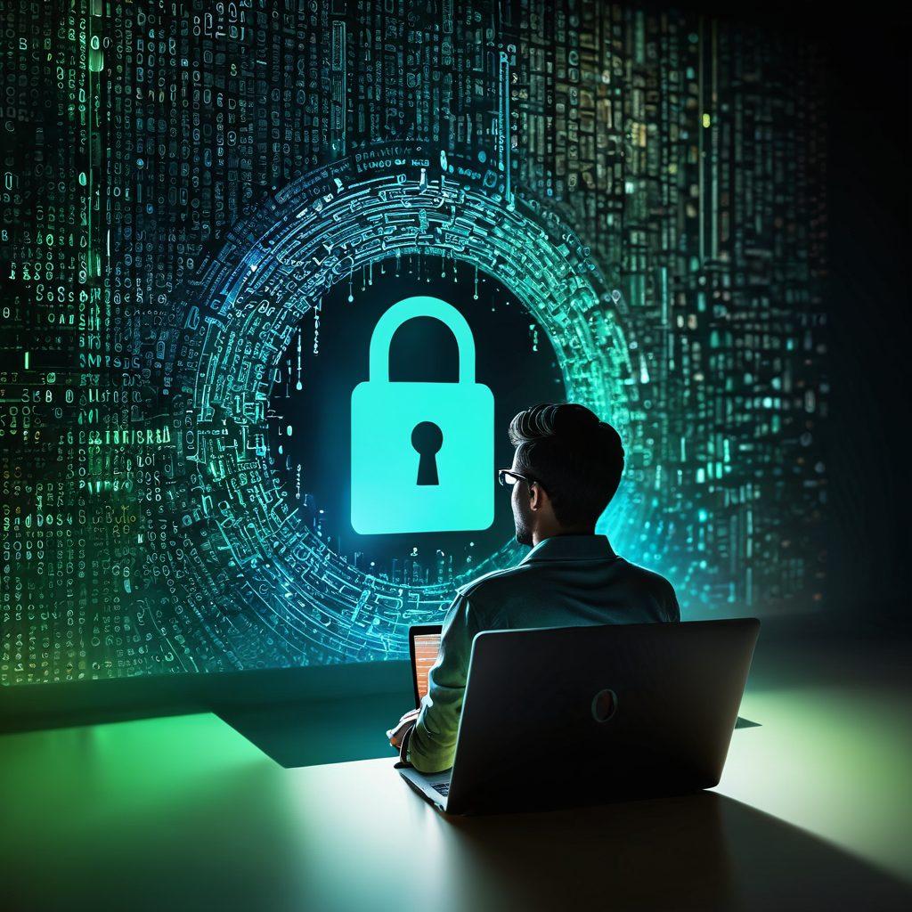 A stylish digital landscape, featuring a huge, glowing lock that symbolizes security, surrounded by floating, translucent green and blue shields representing privacy. In the foreground, a person thoughtfully reviewing a password list on their laptop, with binary code and digital patterns swirling around. Soft, ambient light creates an inviting atmosphere, emphasizing the importance of safeguarding one’s digital identity. vibrant colors. super-realistic.