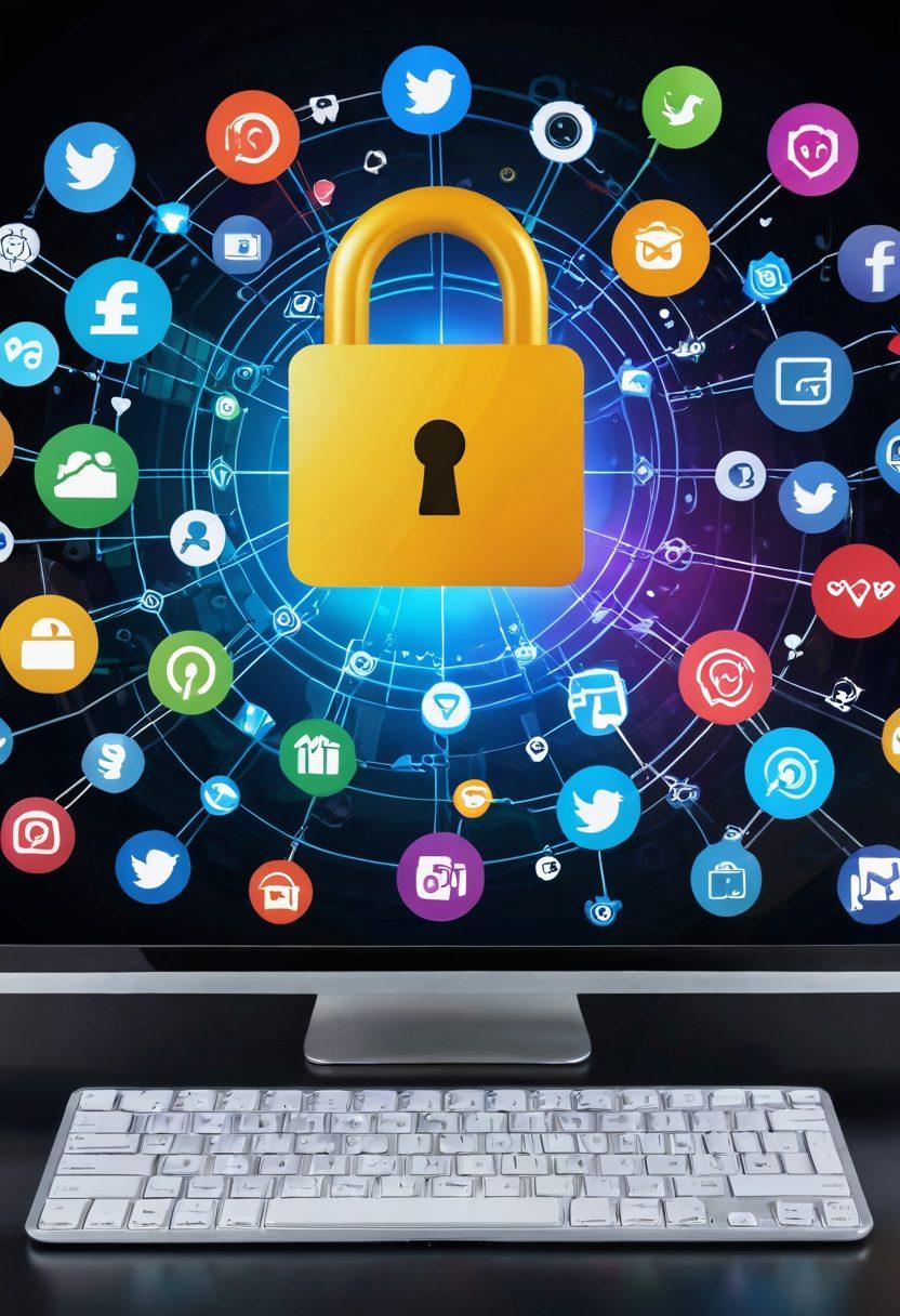 A digital landscape featuring a locked padlock symbol integrated with a computer keyboard, surrounded by floating icons representing social media, blogs, and cybersecurity tools. In the background, an ethereal shield symbolizing protection against online threats, with vibrant colors emphasizing safety and security. Elements of a checklist with tips for secure blogging are subtly included, creating a harmonious blend of technology and safety. super-realistic. vibrant colors. 3D.