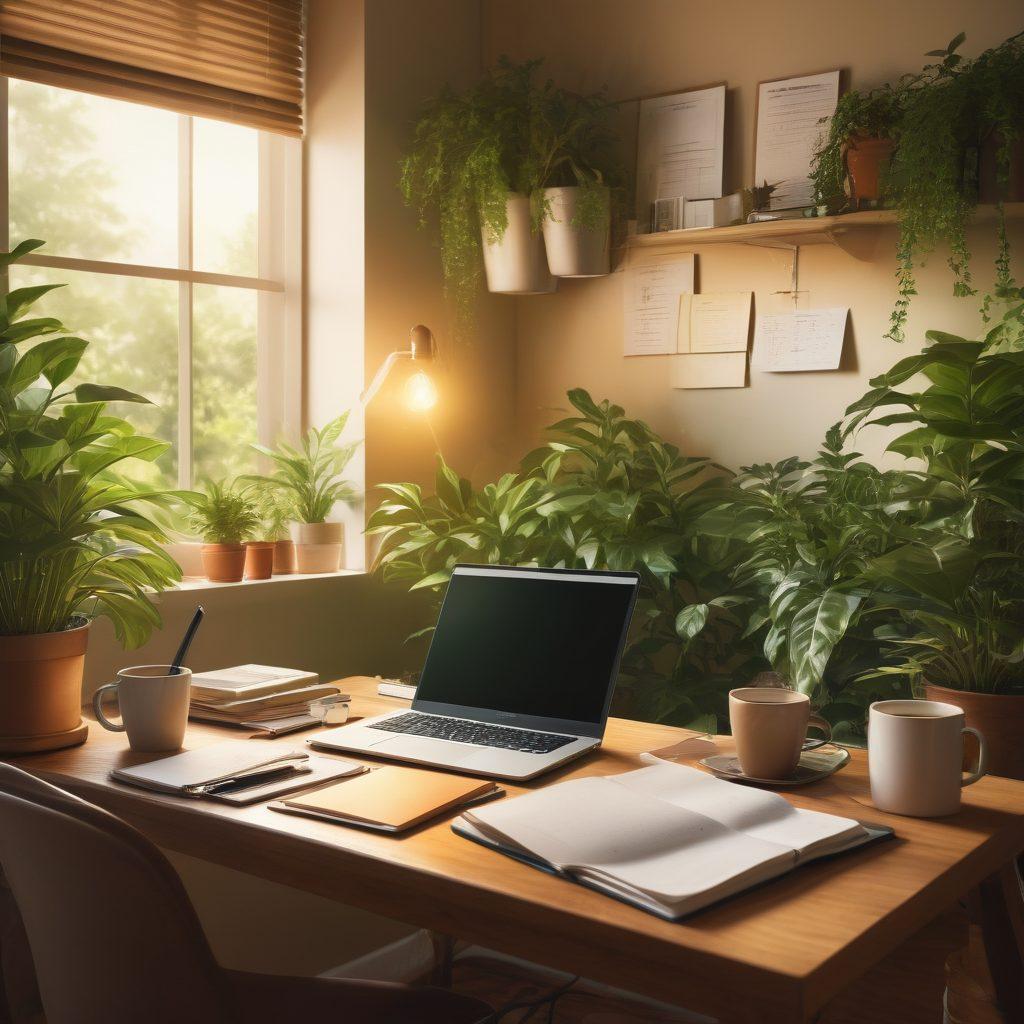 A serene workspace featuring a writer surrounded by scattered notebooks and a glowing laptop, with a digital shield symbolizing security hovering above, and vibrant green plants for a refreshing touch. Include subtle elements like a coffee cup and ambient lighting that conveys creativity and safety. digital art. warm colors. cozy atmosphere.